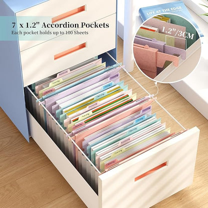 Expanding Hanging File Folders for Filing Cabinet, 7 Accordion Pockets with 1.2'' Expandable File Cabinet Organizer, Multi-Color Tabs, Letter Size, 50% Wheat Straw - 3 Packs (Assorted Colors)