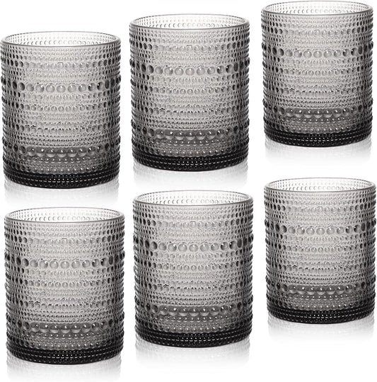Cocktail Glasses 10 oz Hobnail Drinking Glasses Set of 6, Vintage Glassware, Textured Glass Cups Bubble Glasses Water Glasses Old Fashion Jupiter Glasses Set, Grey