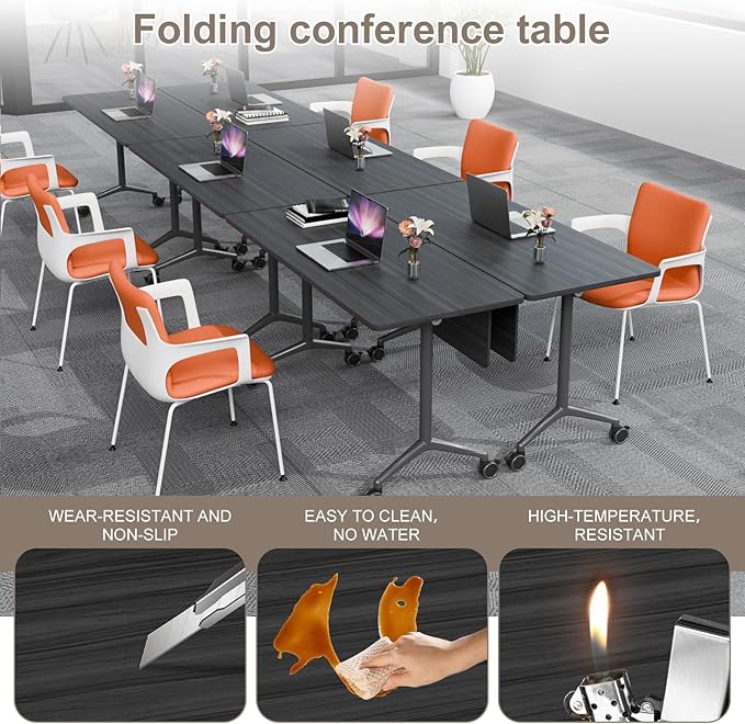 Folding Conference Table, Rectangular Conference Room Tables, Mobile Modular Training Table, Solid Steel Frame,Thickened Panel,for Offices,Meeting Room,Offices andSchools (4, Ebony, 55in)