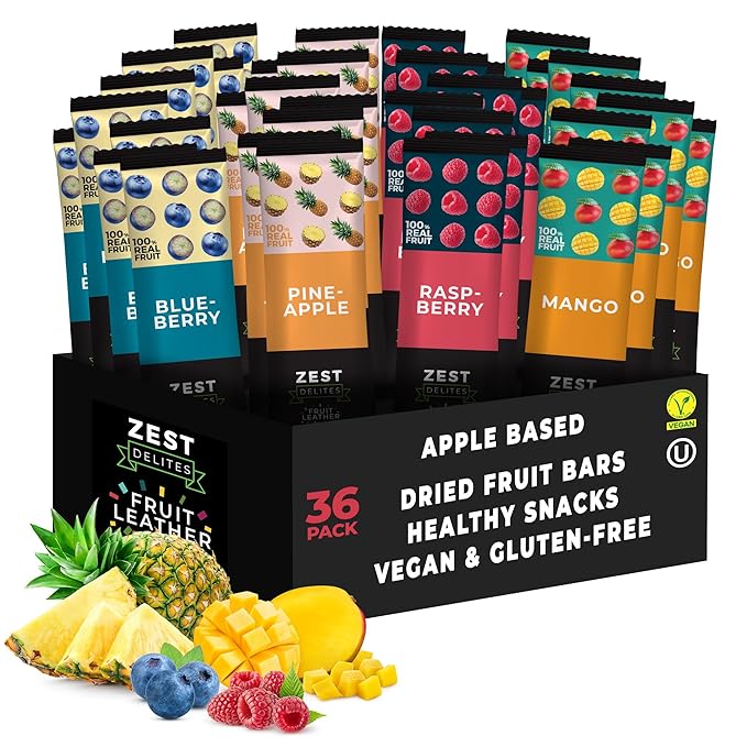 Fruit Snacks by Zest Delites, Fruit Leather Bars, Healthy Snacks for Adults & Kids, Vegan, Dried Apple-Based Pineapple, Mango, Blueberry, Raspberry Strips 0.88 oz x 36