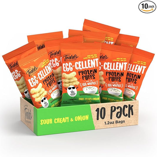 Todd's Better Snacks Egg-Cellent Protein Puffs, Sour Cream & Onion – 12g Protein, Gluten-Free, Paleo-Friendly, Baked, GLP-1 Compliant – Healthy Snack, Made with Egg Whites – 1.2 Oz (Pack of 10)