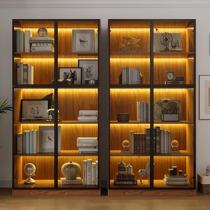 78.7" Display Cabinet with 4 Glass Doors, 5 -Tier Storage Cabinet with LED Lights, Tall Walnut Bookcase with Storage, Wooden Display Case for Collectible, Living Room, Office (Walnut)