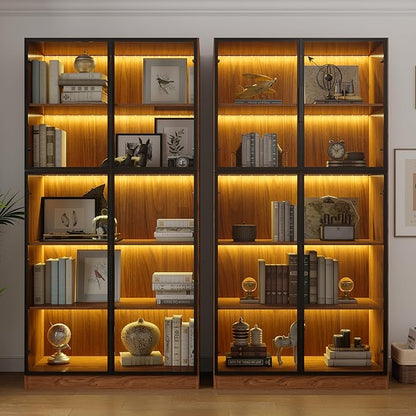 78.7" Display Cabinet with 4 Glass Doors, 5 -Tier Storage Cabinet with LED Lights, Tall Walnut Bookcase with Storage, Wooden Display Case for Collectible, Living Room, Office (Walnut)