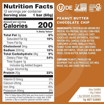 No Cow Vegan Protein Bars, Upgraded Peanut Butter Chocolate Chip | 20g Plant Based Protein, Gluten Free, Dairy Free, Soy Free, Keto Friendly, Low Sugar, High Fiber Snack Bars | Pack of 12