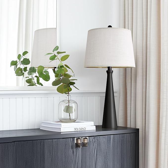 Oneach 25.75" Modern Table Lamp Set of 2, Bedside Lamps with USB Ports, Black Nightstand Lamps Set for Living Room Bedroom House Bedside Home Office Family