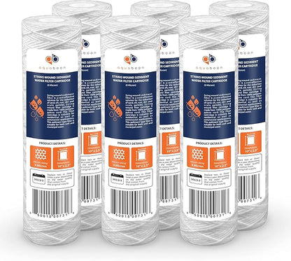 Aquaboon Whole House 5 Micron 10 x 2.5 String Wound Sediment Water Filter Cartridge Replacement Compatible with Well Water Filter WHKF-WHSW, 6-Pack