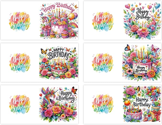 6PCS Diamond Art Painting Greeting Cards,Happy Birthday Cards with Envelopes,DIY Card Making Kits Thank You Card Arts Crafts for Birthday