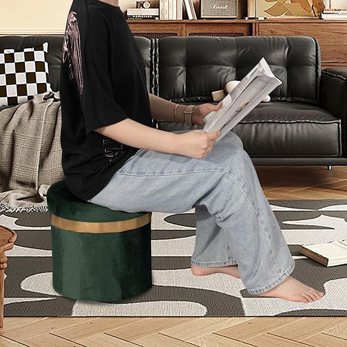 Small Ottoman with Storage,Folding Round Ottoman with Gold Trim,Velvet Storage Stool,Foot Stool with Soft Padded,Foot Rest for Living Room13“x13”x12.4(Green,1pcs)