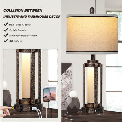 Farmhouse Lamps with USB A+C Charging Ports & AC Outlet, Rustic Vintage Industrial Table Lamps Metal Lamp with Glass LED Night Light & Beige Fabric Shade for Living Room Bedrooms Nightstand Bronze