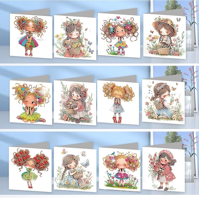 jinglinhh 12pcs Diamond Art Painting Little Girl Flower Bushes Greeting Cards with Envelopes, DIY Card Making Kits for Adults, Diamond Art Christmas Cards for Birthday Holiday Postcards Craft Gifts