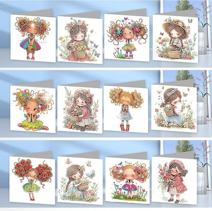 jinglinhh 12pcs Diamond Art Painting Little Girl Flower Bushes Greeting Cards with Envelopes, DIY Card Making Kits for Adults, Diamond Art Christmas Cards for Birthday Holiday Postcards Craft Gifts
