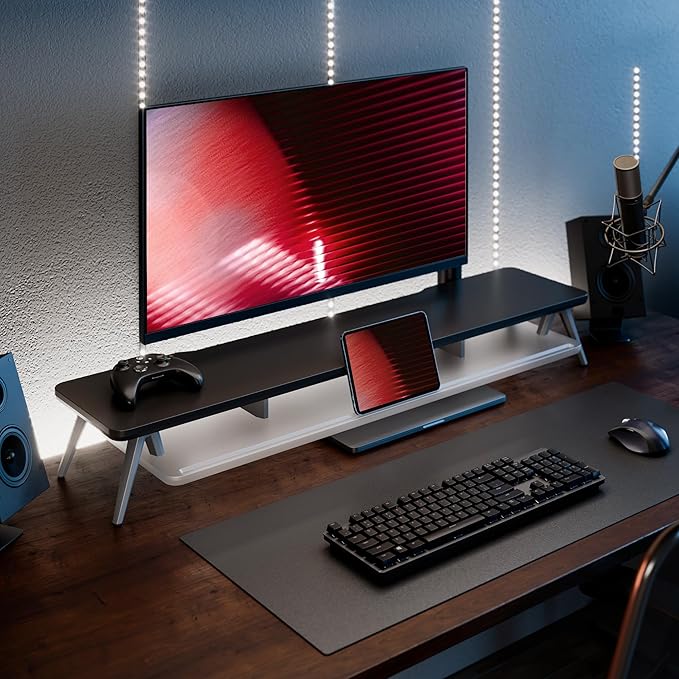 Fenge Dual Monitor Stand for Desk, 2 Tiers Monitor Riser with Acrylic Shelf, 42.5 Inch Wood and Aluminum Desk Shelf with Phone and Tablet Holder