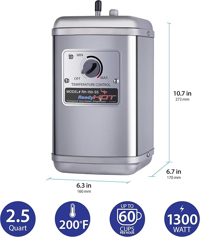 Ready Hot Compact Instant Hot Water Dispenser, Stainless Steel Tank, Wall Mounted, Adjustable Temperature Control, Includes Hot and Cold Dual-Lever Faucet with Chrome Finish, 41-RH-150-F560-CH