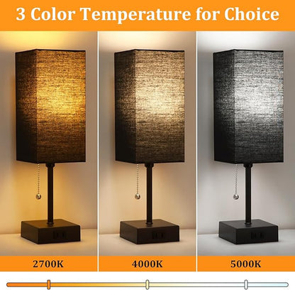 Table Lamp for Bedroom set of 2,3-Color Bedside Lamps with Pull Chain Table Lamps for Nightstand with AC Outlets, Night Light Lamps with 2 Bulbs Lamps for Living Room Kids Office Decor（Black）