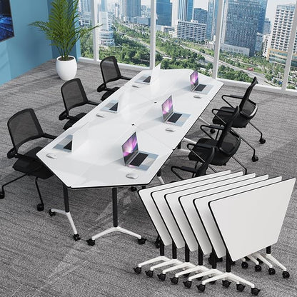 Conference Table, Foldable Conference Room Tables with Silent Wheels, Folding Modular Seminar Meeting Tables, Modern Rectangle Training Table for Office, Boardroom (6, Trapezoidal, 47.2)