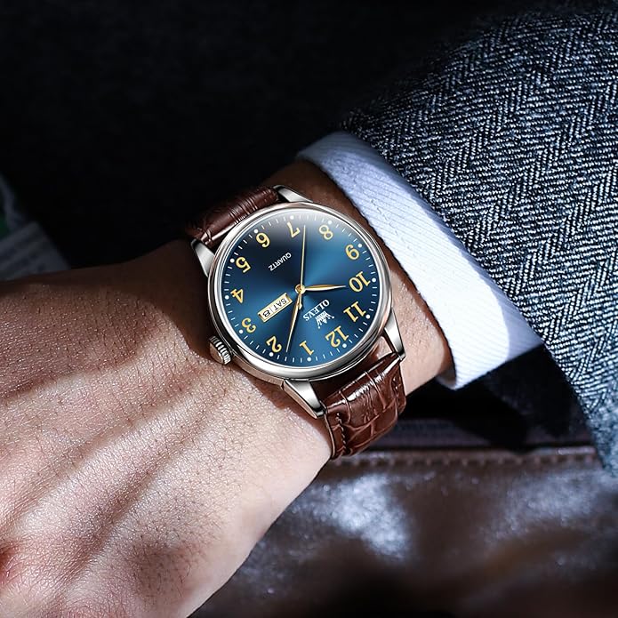 Men's Casual Leather Watch, Easy to Read Three-Hand Analog Stainless Steel Watches for Men, Minimalist Day Date Waterproof Luminous Mens Quartz Wristwatch
