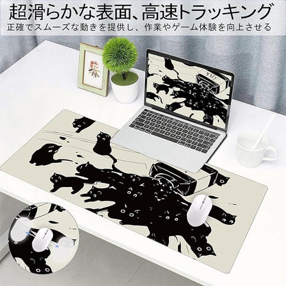 Gaming Mouse Pad XXL Extended Anime Mouse Pad 31.5x15.7inch, Large Cute Kawaii Big Computer Mouse Mat Desk Pad with Non-Slip Rubber Base and Stitched Edge for Home Office-Black Ink Cat