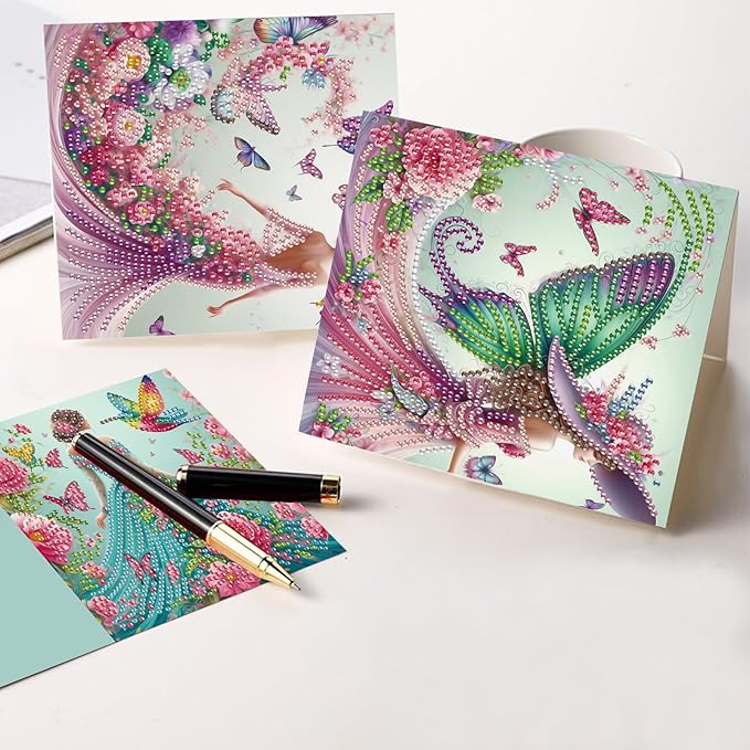 6pcs Diamond Painting Greeting Cards for Blessings and Wishes, - Madame Butterfly DIY Special Shape Crystal Diamond Art Partial, Surface flash Paper Material, DIY Gifts for Christmas Thanksgiving Day