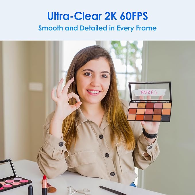 saylas 2K Webcam for PC, 2K@60FPS/1080P@60FPS Webcam with Microphone, USB Computer Camera with RGB Lights, Autofocus, Noise Cancellation, Privacy Cover, 65° FOV, Web Camera for Computer/Laptop/MacBook