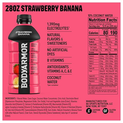 BODYARMOR Sports Drink Sports Beverage, Strawberry Banana, Coconut Water Hydration, Natural Flavors With Vitamins, Potassium-Packed Electrolytes, Perfect For Athletes, 28 Fl Oz (Pack of 15)