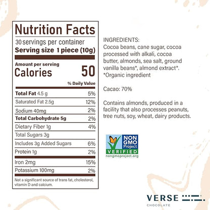 Verse 70% Dark Chocolate with Almonds - Only 3g Cane Sugar - Creamy Dark Cocoa Squares - Individually Wrapped Chocolates (30 Count)