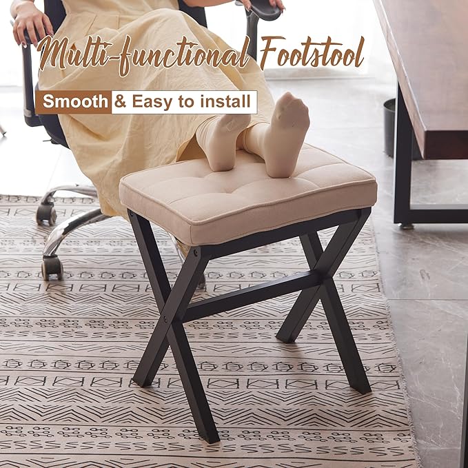FILWH Foot Stool Small Ottoman Foot Rest Padded Foot Stool Desk Foot Stool for Under Office Desk Vanity Stool Bamboo Footstool Sofa Footrest Shoe Stool Small Foot Stools (Black Legs + Beige)