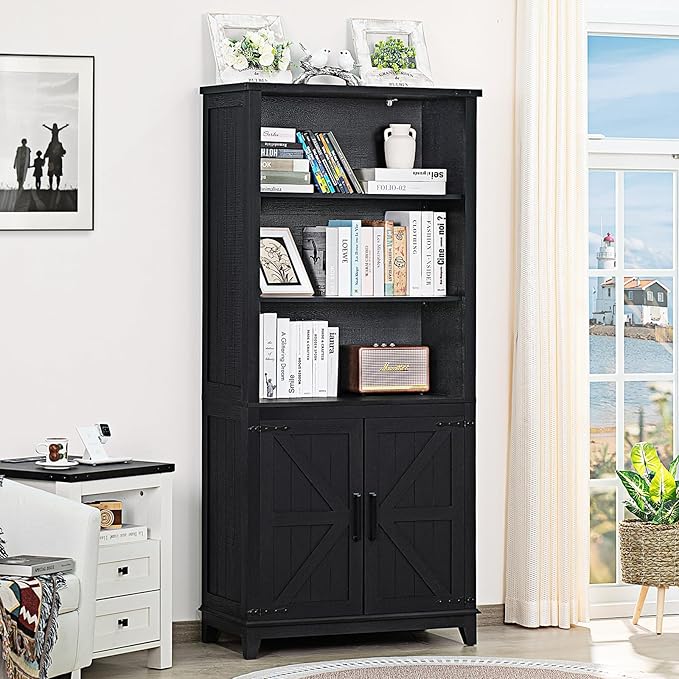 70in Tall Bookshelf 5 Tier Bookcase with Barn Doors and Adjustable Shelves, Black Farmhouse Book Shelf with Storage Cabinet, Wood Freestanding Display Bookshelves for Bedroom, Kitchen (2PCS)