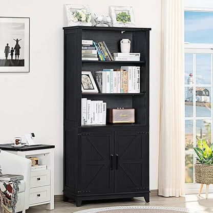70in Tall Bookshelf 5 Tier Bookcase with Barn Doors and Adjustable Shelves, Black Farmhouse Book Shelf with Storage Cabinet, Wood Freestanding Display Bookshelves for Bedroom, Kitchen (2PCS)