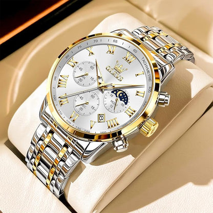 OLEVS Mens Stainless Steel Chronograph Watch, Big Face Roman Numerals Date Analog Quartz Dress Watches for Men, Fashion Multifunctional Waterproof Luminous Hands Men's Wristwatch