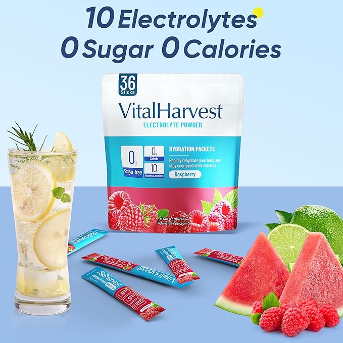 VitalHarvest 36 Sticks Electrolytes Powder Packets Sugar Free Hydration Packets Electrolyte Liquid Daily IV Drink Mix with Raspberry, Low Sodium, 0 Calorie