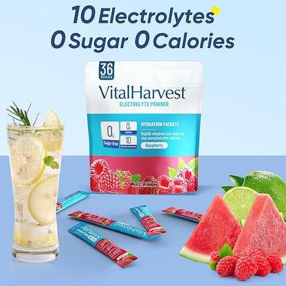 VitalHarvest 36 Sticks Electrolytes Powder Packets Sugar Free Hydration Packets Electrolyte Liquid Daily IV Drink Mix with Raspberry, Low Sodium, 0 Calorie