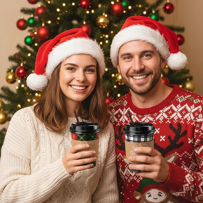 Lallisa 100 Sets Christmas Disposable Coffee Paper Cups Bulk with Lids Sleeves & Straws, 12 oz Xmas Red and Green Buffalo Plaid Cups for Hot Cold Cocoa Tea Holiday Party Supplies