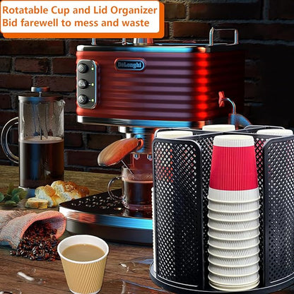 Paper Cup and Lid Holder, CITZCFYU Rotatable Coffee Cup Dispenser fit 5-16oz Disposable Cups Organizer, Plastic Cup Storage Rack for Countertop, Coffee Shop, Station, Bar, Office,Kitchen, Black