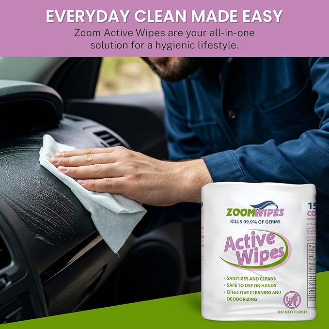 Zoom Active Cleaning Wipes Bulk 6000 Count (4 Rolls of 1500) | Antibacterial Disinfecting Wipes for Hands, Home, Gym, Office & Car | Multi-Purpose, Quick Dry, Fresh Scent, Made in USA, No Bleach