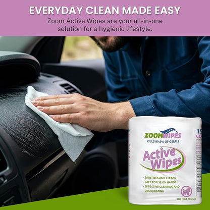 Zoom Active Cleaning Wipes Bulk 6000 Count (4 Rolls of 1500) | Antibacterial Disinfecting Wipes for Hands, Home, Gym, Office & Car | Multi-Purpose, Quick Dry, Fresh Scent, Made in USA, No Bleach