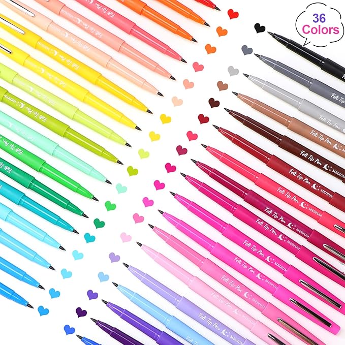 36 Pcs Felt Tip Pens 0.7mm Medium Point Colored Felt Tip Pens for Journaling Planner Writing Note-taking Art Office and School Supplies(Multicolor)