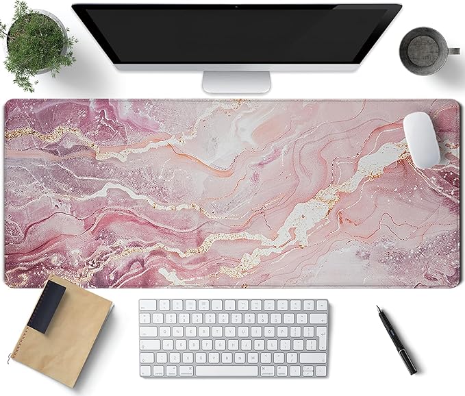Pink Gold Marble Patterns Desk Mat, Large Gaming Mouse Pad Non-Slip Rubber Base with Stitched Edges, Waterproof Protection for PC Laptop Home Office Desk Decor (31.5x11.8in)