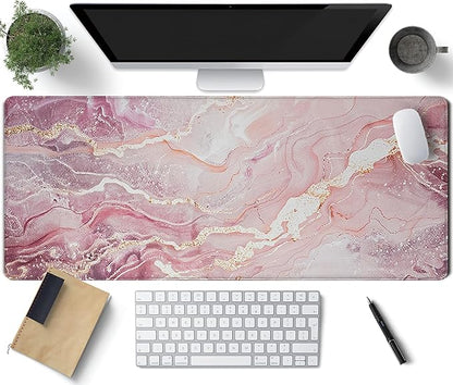 Pink Gold Marble Patterns Desk Mat, Large Gaming Mouse Pad Non-Slip Rubber Base with Stitched Edges, Waterproof Protection for PC Laptop Home Office Desk Decor (31.5x11.8in)