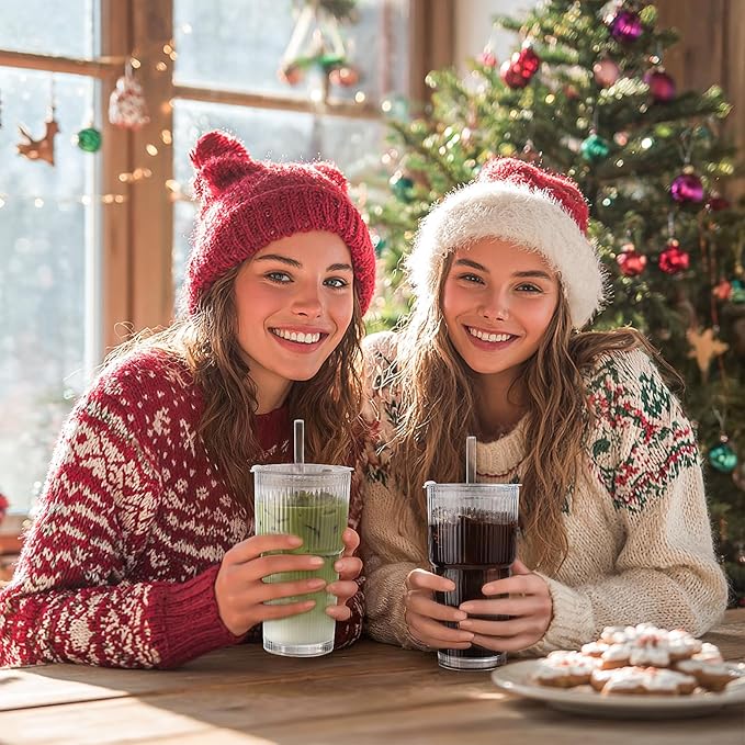 Iced Coffee Cups with Lids: Coffee Bar Accessories - Ribbed Glass Tumbler with Straw and Lid 4Pcs - 20oz Leak Proof Tumbler - Reusable Glass Cups and Tumblers with Lid and Straws for To Go Iced Coffee