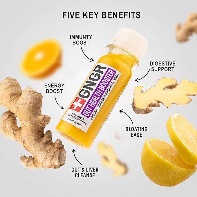 +GNGR Gut Health Booster – Prebiotic and Probiotic for Women & Men - Digestive Health, Immune Support, Bloating & Constipation Relief | Organic Ginger Shot with Apple Cider Vinegar 2 fl oz (12-Pack)