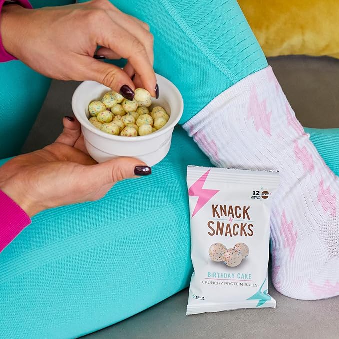 Knack Snacks | Crunchy Protein Balls - Vanilla Birthday Cake Flavor (10x 1.2oz Bags) | Lunchbox Ready, High Protein, Naturally Gluten Free, Lower Sugar, Snack for School, Work, Travel, Parties, Gaming