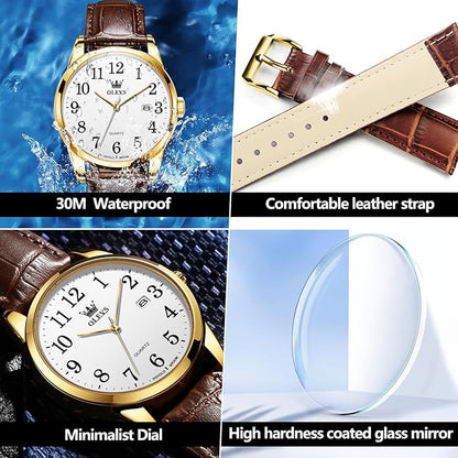 OLEVS Watch Men Mens Watches Watches for Men Leather Band Classic Brown Leather Watch Men, Analog Watch Men, Black Mens Leather Watch, Dress Waterproof Large Face Mens Watch,Relojes para Hombres Watch