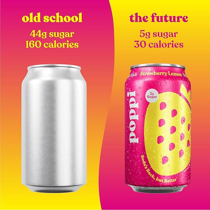 Poppi Sparkling Prebiotic Soda Beverage with Apple Cider Vinegar, Seltzer Water and Fruit Juice, Strawberry Lemon Flavor, 12 FL Oz, Pack of 12, Packaging May Vary