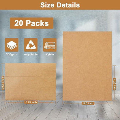 Brown Blank Cards and Envelopes 4.25 x 5.5 Heavyweight Folded Cardstock and A2 Envelopes Printable Self Seal 20 Packs for Wedding Invitations, Baby Showers, Greeting Cards, Birthday