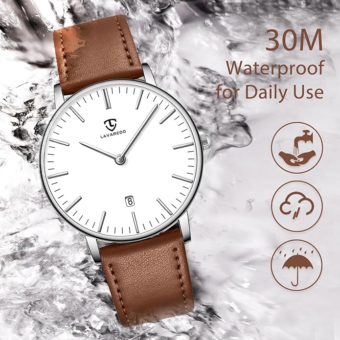 L LAVAREDO Watch for Men, Extremely Thin Mens Watches Minimalist Analog Men's Leather Wrist Watches with Time/Date, Birthday Gift for Men Boyfriend