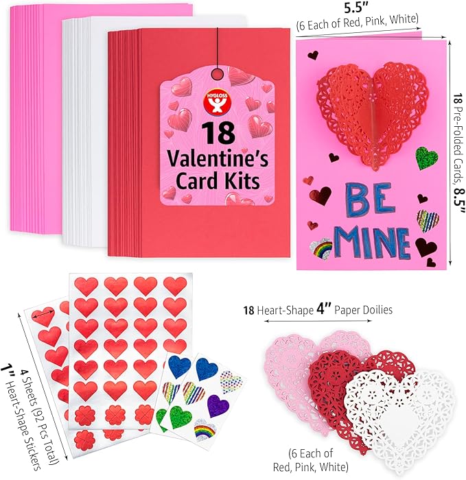 Hygloss Valentines Day Card Making Kit - DIY Valentines Cards for Kids - Includes 18 Cards, 18 Heart Doilies, 4 Sheet Heart Stickers - Classroom Favors - Unique Valentine Card Making Kits