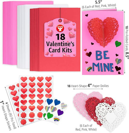 Hygloss Valentines Day Card Making Kit - DIY Valentines Cards for Kids - Includes 18 Cards, 18 Heart Doilies, 4 Sheet Heart Stickers - Classroom Favors - Unique Valentine Card Making Kits