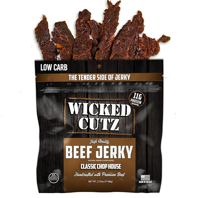 Wicked Cutz Classic Chop House Beef Jerky, 33g Protein Per Bag, Tender & Easy to Chew Alternative to Beef Sticks, USA Made High Protein Carnivore Snacks (2 Bags)