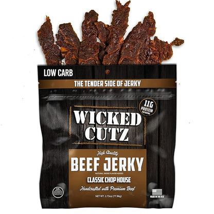 Wicked Cutz Classic Chop House Beef Jerky, 33g Protein Per Bag, Tender & Easy to Chew Alternative to Beef Sticks, USA Made High Protein Carnivore Snacks (2 Bags)