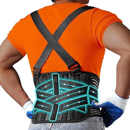 Work Back Brace with 2 Removable Suspender Shoulder Straps for Heavy Lifting Safety - Back Posture Corrector Belt for Men and Women in Construction, Warehouse Jobs Small